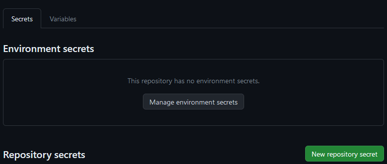 The GitHub actions menu from the Secrets and Variables menu.